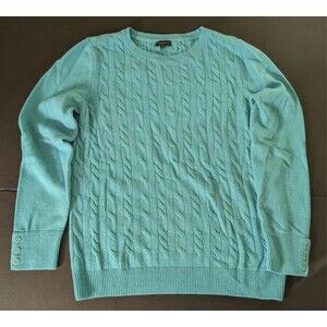 Talbots Womens LG Turquoise Cotton Lambswool Cable Knit Pullover Sweater